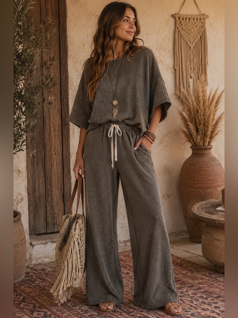 Zenana Ribbed 2pc Lounge Set Olive Green Wide Leg Pants M NWOT